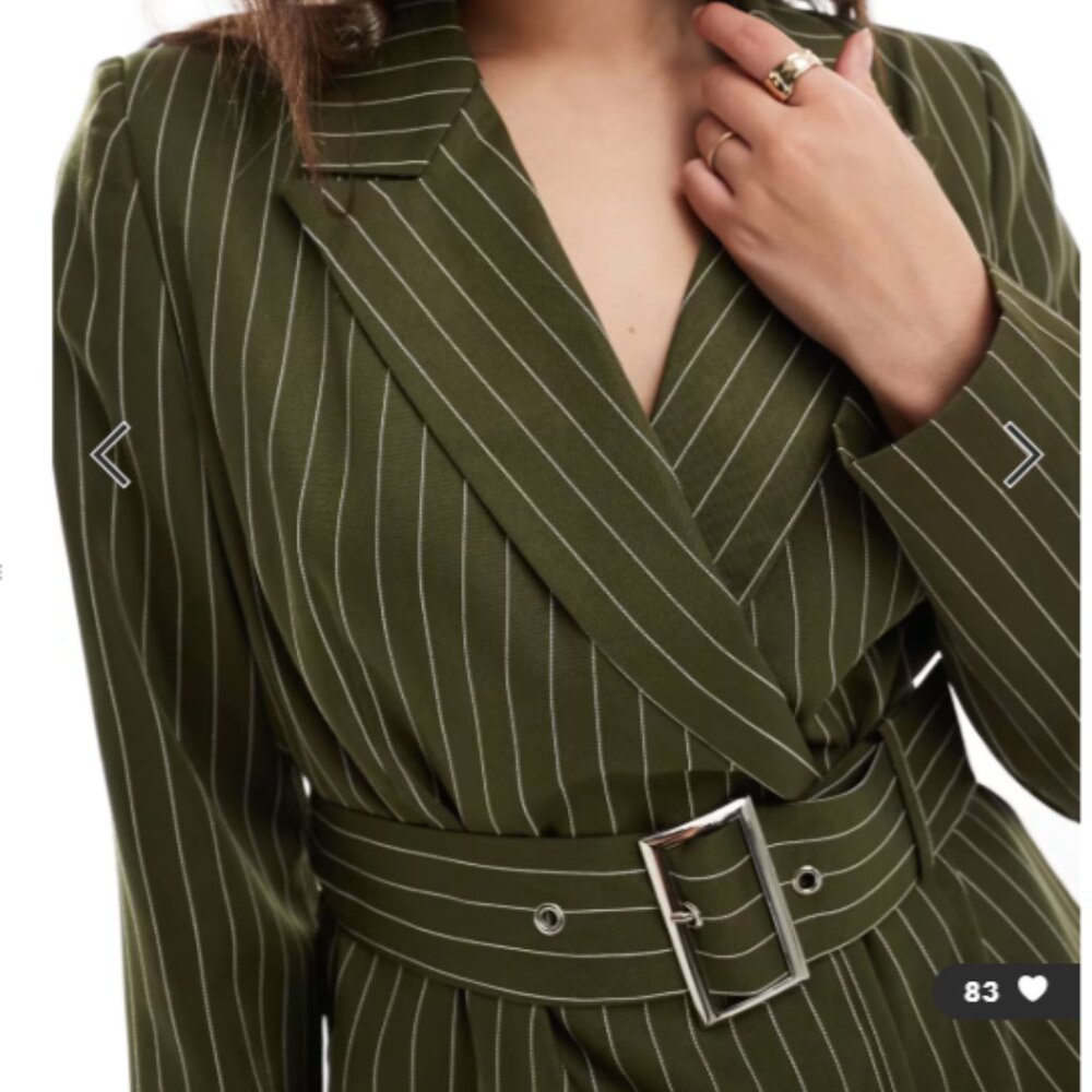 💜 NWT Extro & Vert Belted Mini Blazer Dress (Green w/ Khaki Stripes) - Picture 4 of 7